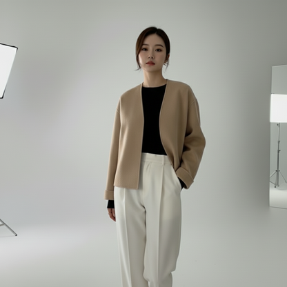 Stylish Graceful Simple Small V-neck Loose Woolen Coat