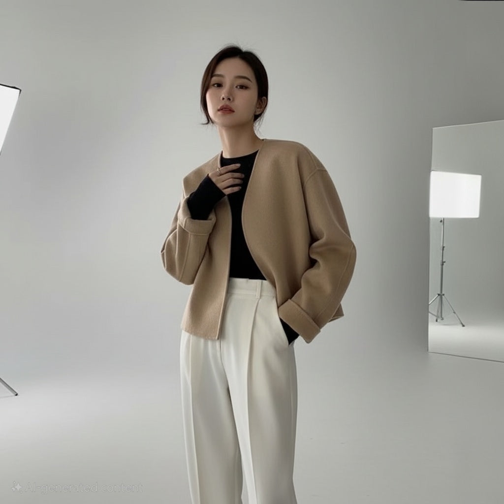 Stylish Graceful Simple Small V-neck Loose Woolen Coat