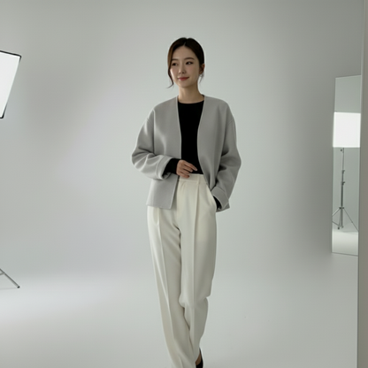 Stylish Graceful Simple Small V-neck Loose Woolen Coat