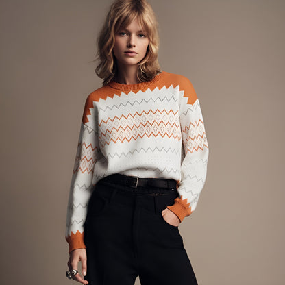 Zigzag Geometric Pattern Round Neck Sweater